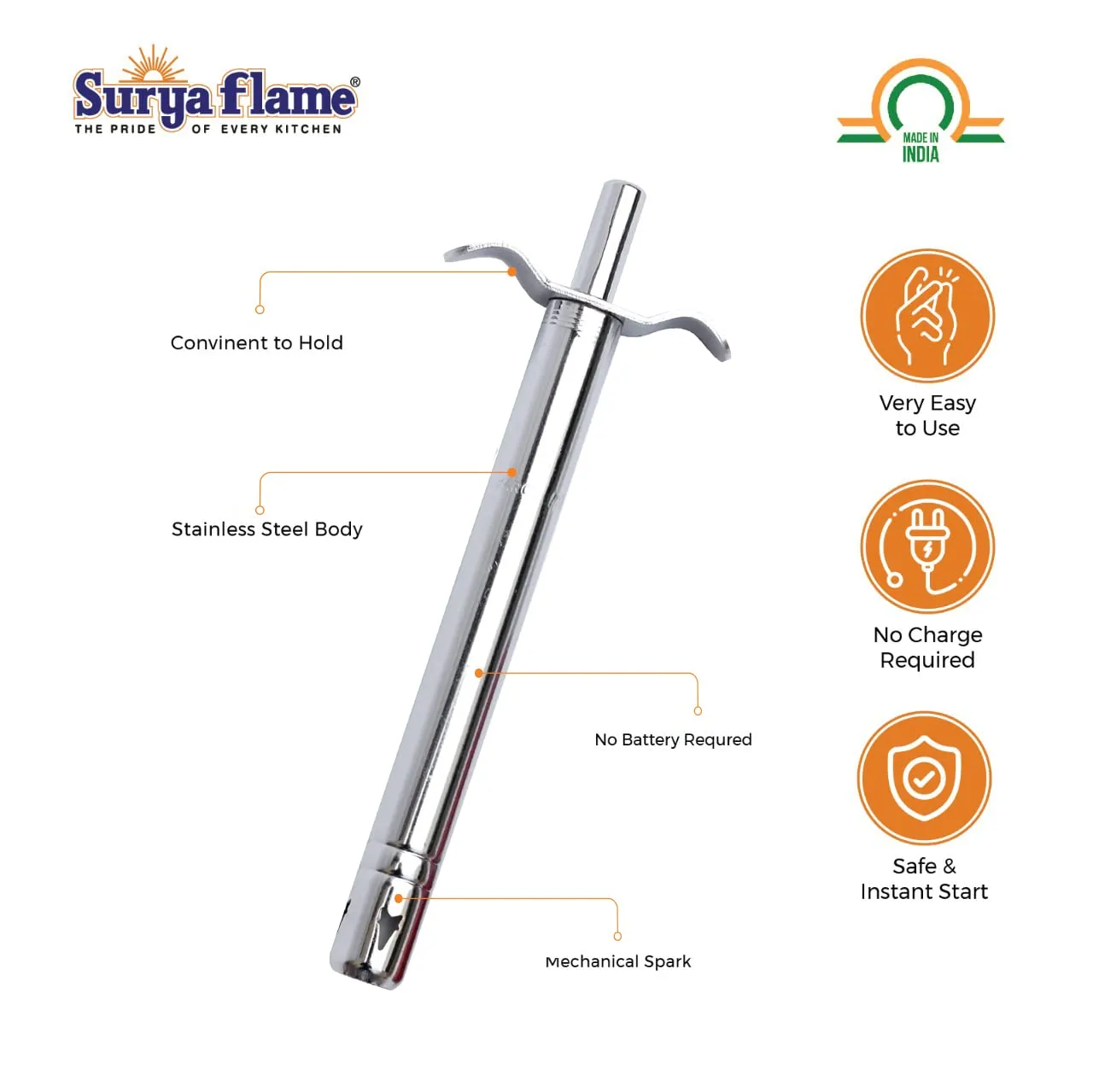 Surya Flame Costa Gas Stove 3 Burners Manual LPG Stove | LPG Gas Dual Layer Rubber Hose Pipe 1.5M | Chrome Stainless Steel Gas Lighter (Pack of 2)