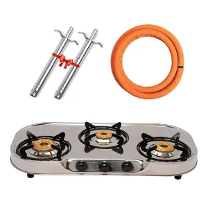 Surya Flame Costa Gas Stove 3 Burners Manual LPG Stove | LPG Gas Dual Layer Rubber Hose Pipe 1.5M | Chrome Stainless Steel Gas Lighter (Pack of 2)