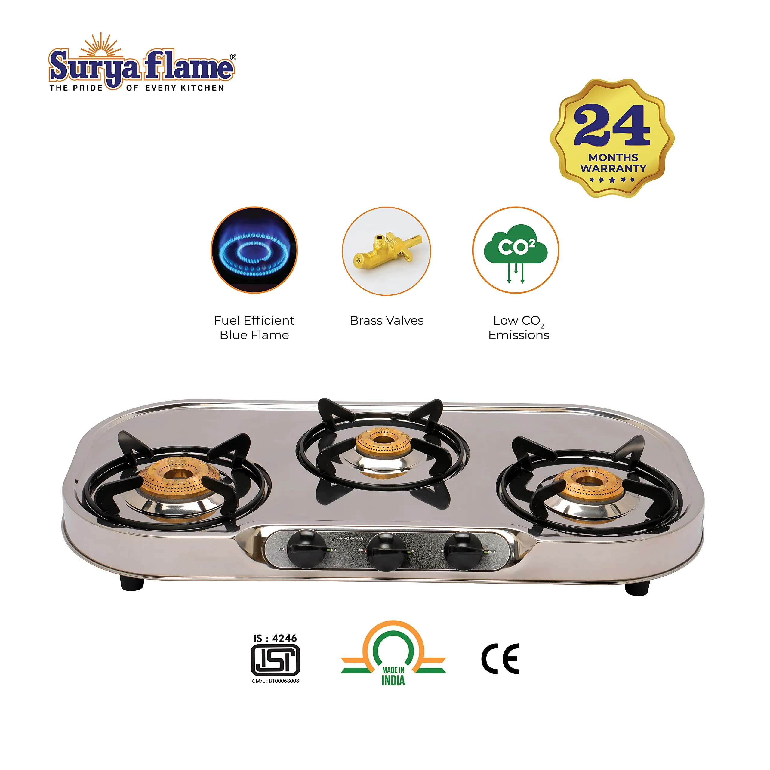 Surya Flame Costa Gas Stove 3 Burners Manual LPG Stove | LPG Gas Dual Layer Rubber Hose Pipe 1.5M | Chrome Stainless Steel Gas Lighter (Pack of 2)