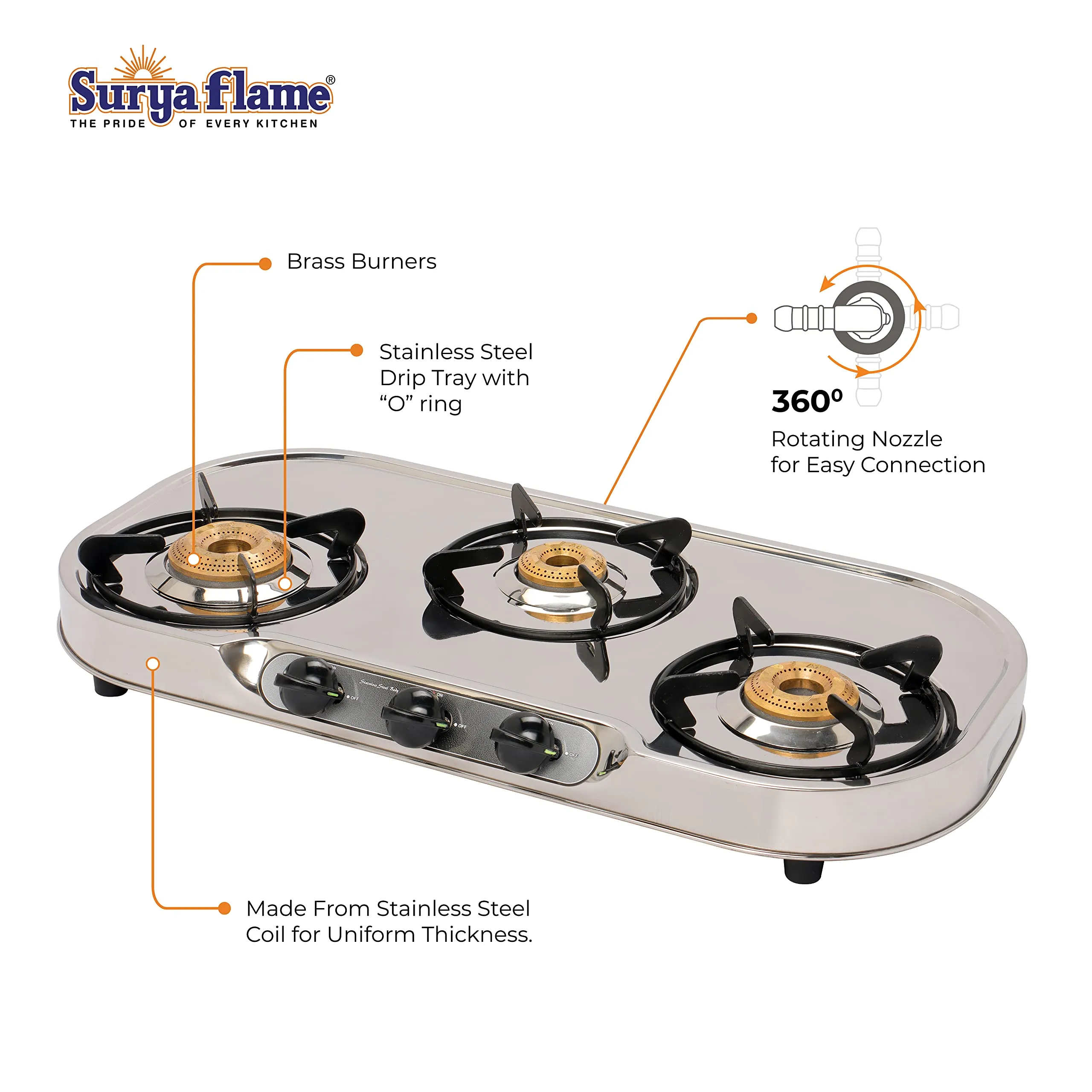 Surya Flame Costa Gas Stove 3 Burners Manual LPG Stove | LPG Gas Dual Layer Rubber Hose Pipe 1.5M | Stainless Steel Elegant Gas Stove Lighter With Knife, Peeler Knife and Shredder (Pack of 4)