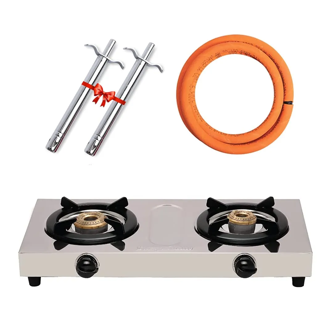 Surya Flame Double Cook Gas Stove 2 Burners Manual LPG Stove | LPG Gas Dual Layer Rubber Hose Pipe 1.5M | Chrome Stainless Steel Gas Lighter (Pack of 2)