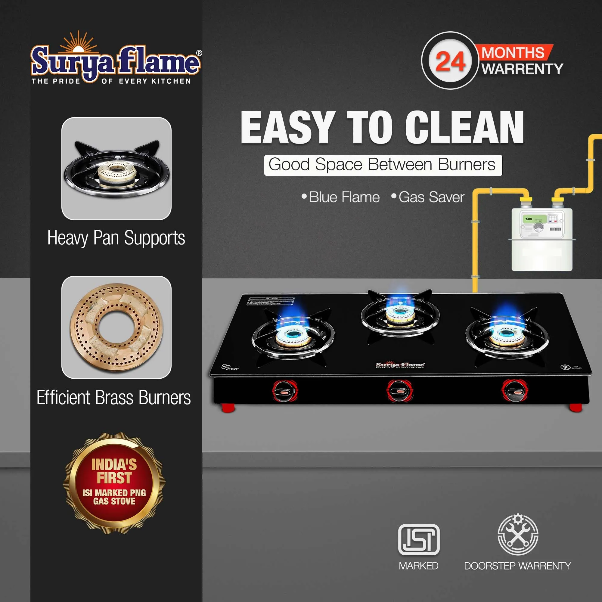 Surya Flame Smart 3 Brass Burner Glass Top chulha Black Manual Ignition India's First PNG Gas Stove, ISI Certified Direct Pipeline Gas 2-Year Doorstep Warranty Including Glass