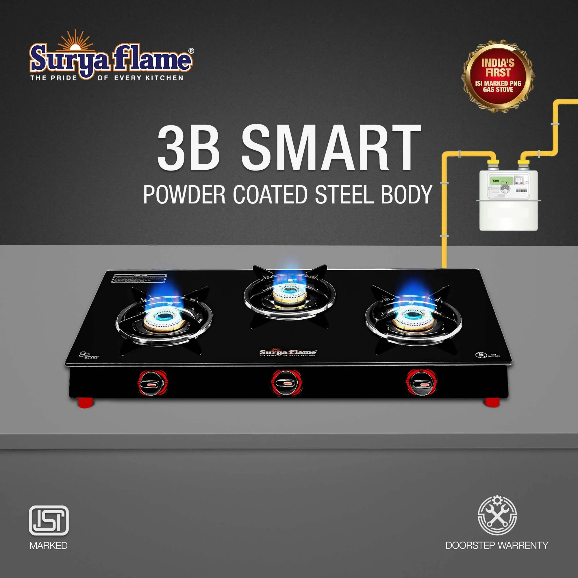 Surya Flame Smart 3 Brass Burner Glass Top chulha Black Manual Ignition India's First PNG Gas Stove, ISI Certified Direct Pipeline Gas 2-Year Doorstep Warranty Including Glass