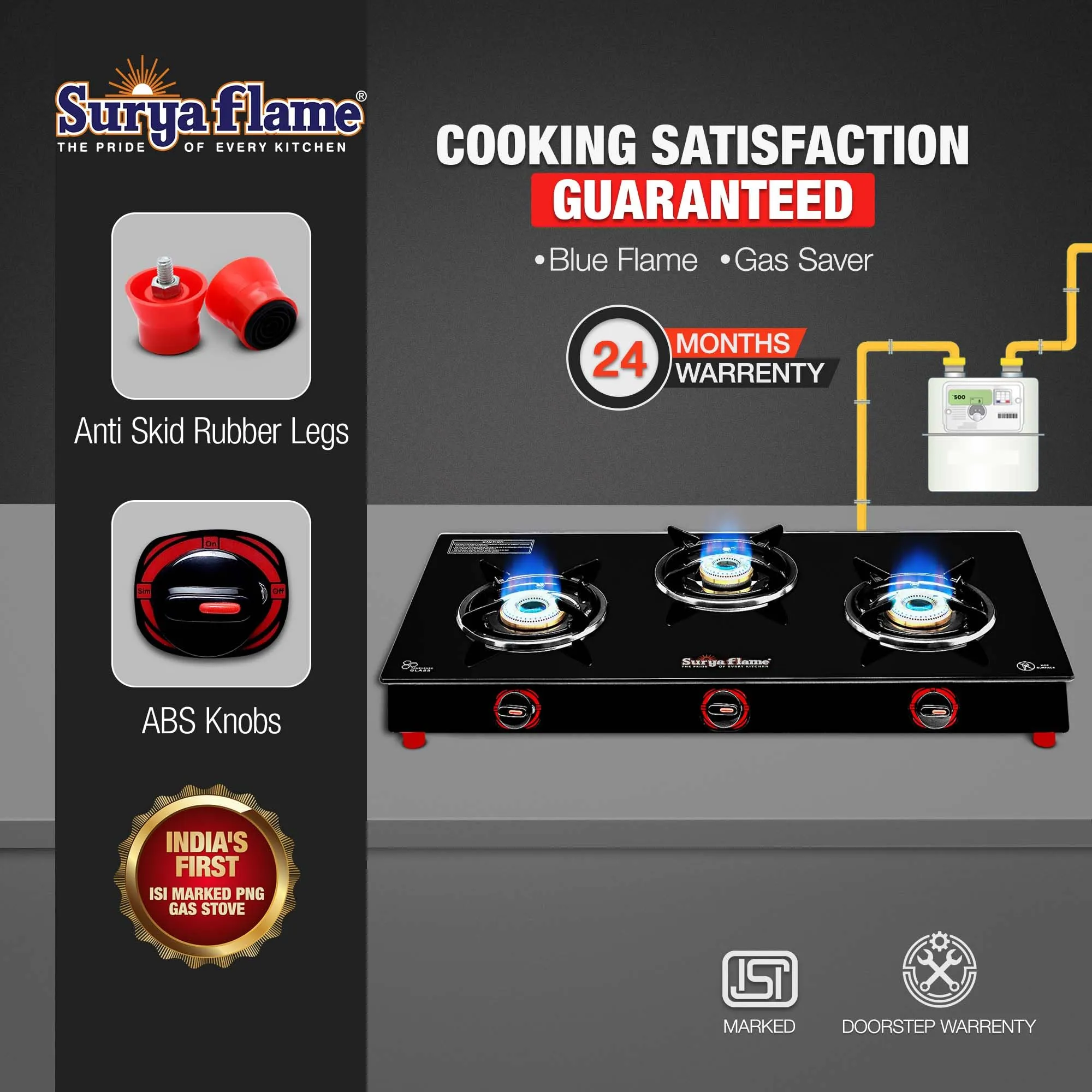 Surya Flame Smart 3 Brass Burner Glass Top chulha Black Manual Ignition India's First PNG Gas Stove, ISI Certified Direct Pipeline Gas 2-Year Doorstep Warranty Including Glass