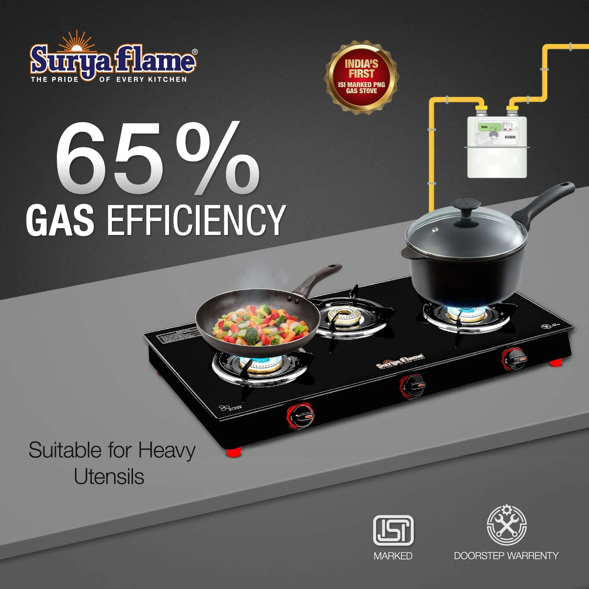 Surya Flame Smart 3 Brass Burner Glass Top chulha Black Manual Ignition India's First PNG Gas Stove, ISI Certified Direct Pipeline Gas 2-Year Doorstep Warranty Including Glass