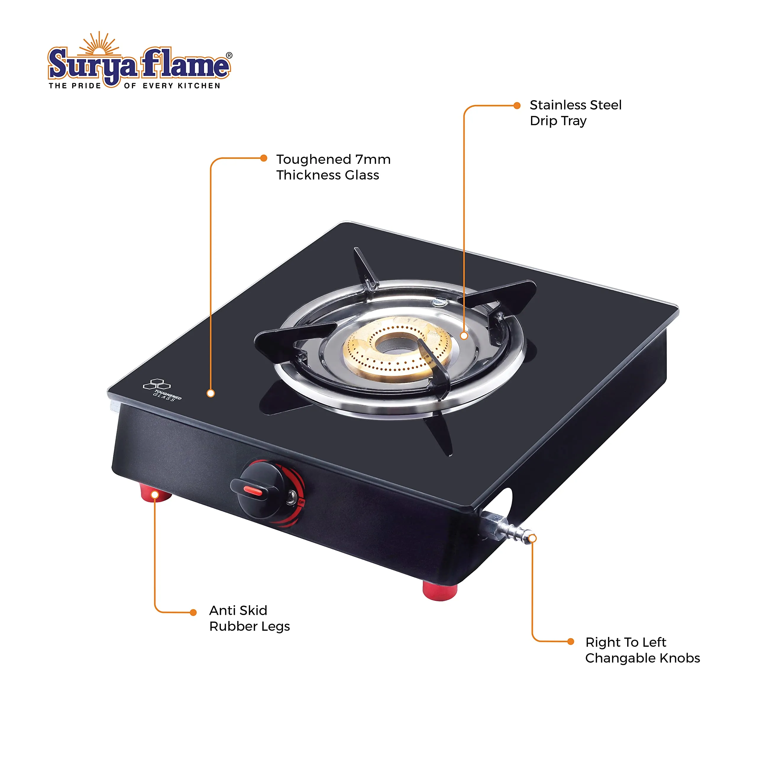 Surya Flame Smart Gas Stove 1 Burner Glass Top LPG Stove | LPG Gas Dual Layer Rubber Hose Pipe 1.5M | Chrome Stainless Steel Gas Lighter (Pack of 2)