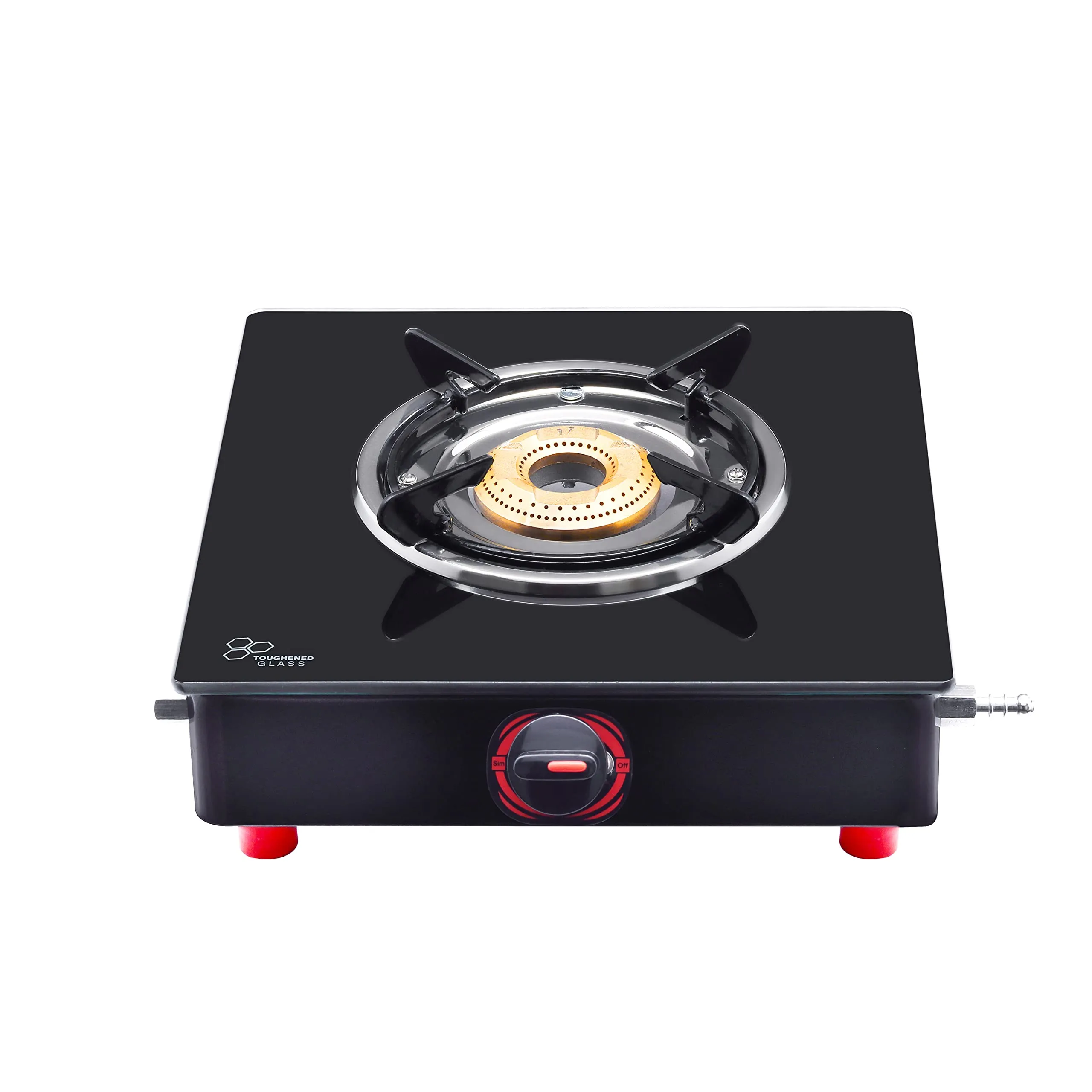 Surya Flame Smart Gas Stove 1 Burner Glass Top LPG Stove | LPG Gas Dual Layer Rubber Hose Pipe 1.5M | Chrome Stainless Steel Gas Lighter (Pack of 2)