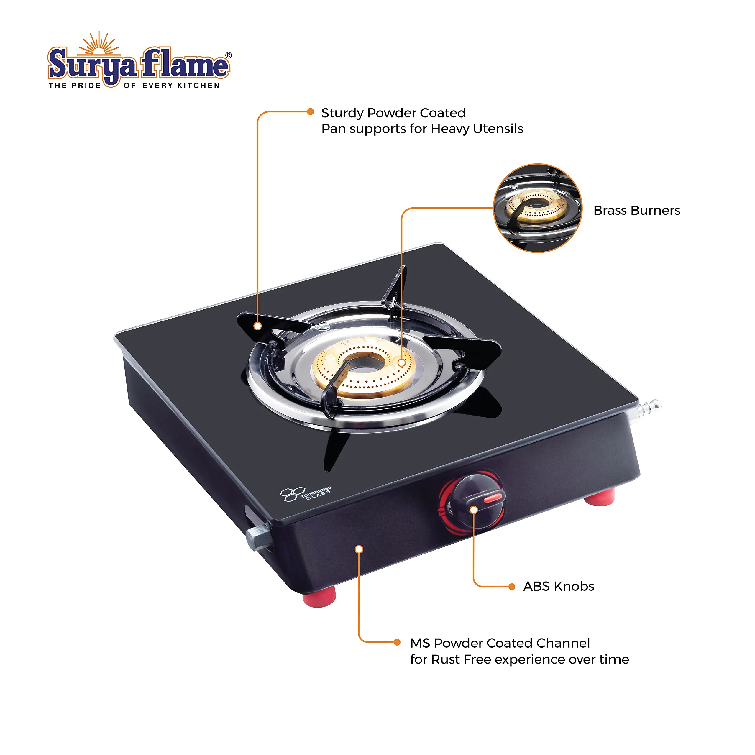 Surya Flame Smart Gas Stove 1 Burner Glass Top LPG Stove | LPG Gas Dual Layer Rubber Hose Pipe 1.5M | Chrome Stainless Steel Gas Lighter (Pack of 2)