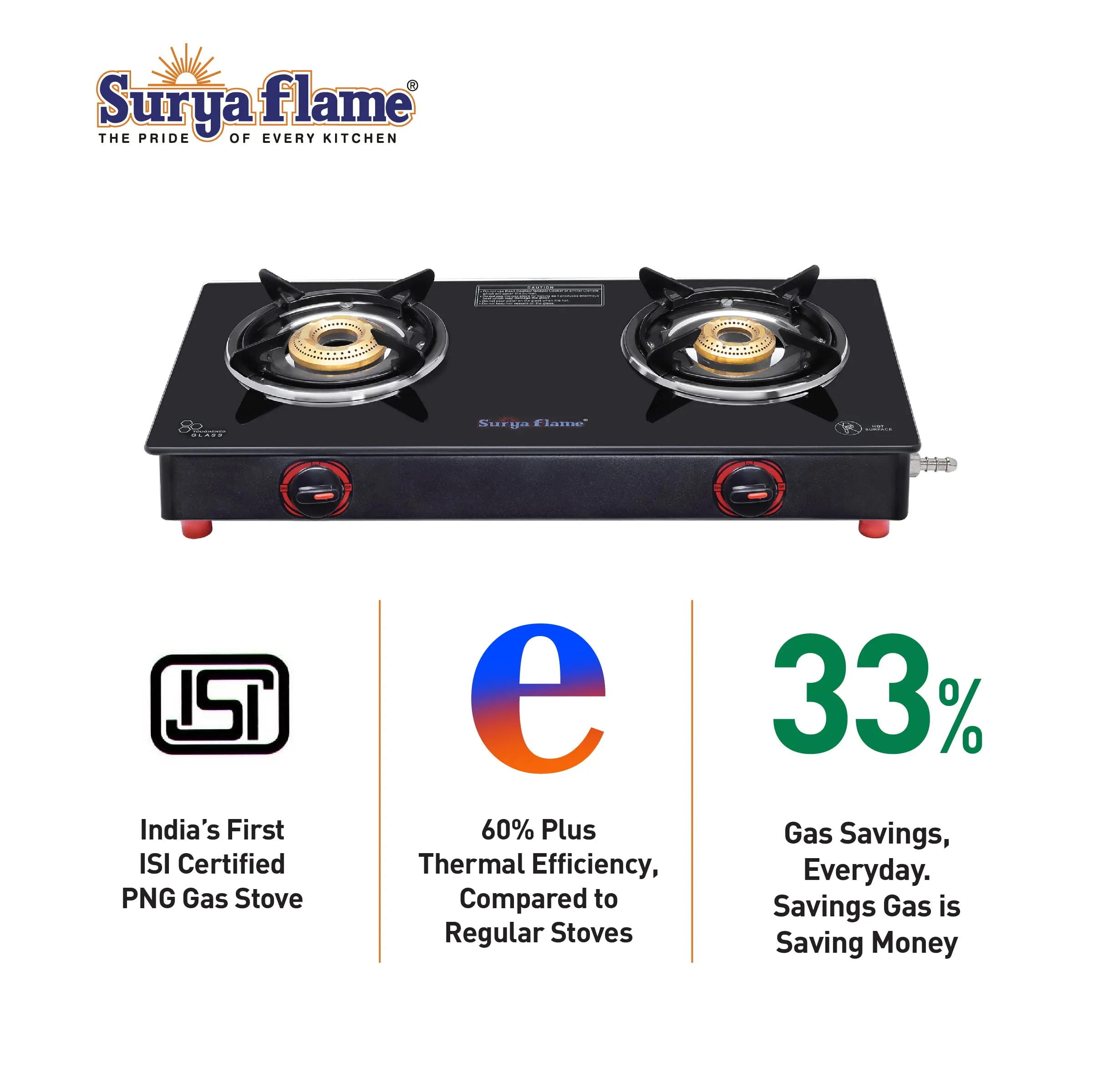 Surya Flame Smart Gas Stove 2 Burners Glass Top PNG Stove | LPG Gas Dual Layer Rubber Hose Pipe 1.5M | Stainless Steel Elegant Gas Stove Lighter With Knife, Peeler Knife and Shredder (Pack of 4)