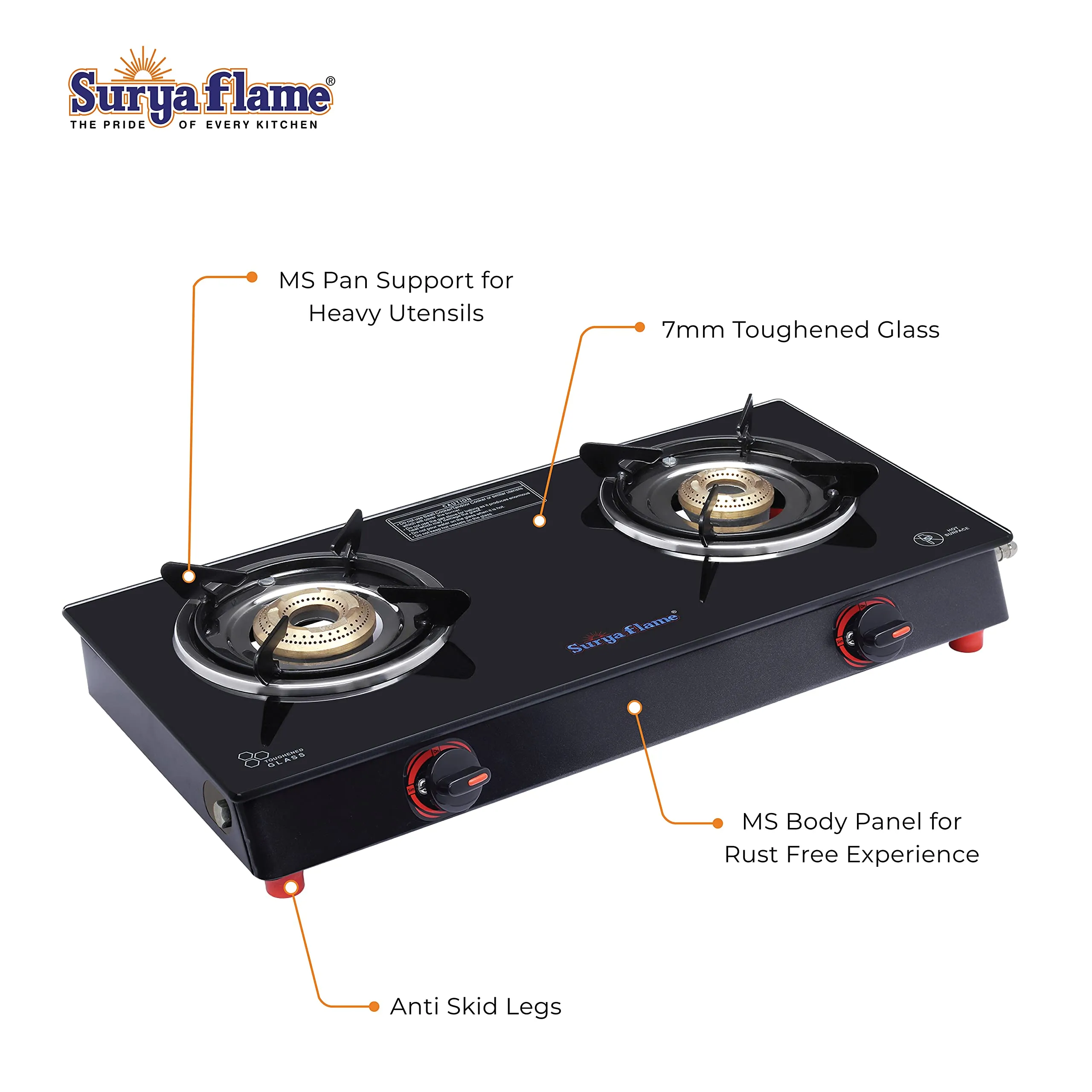 Surya Flame Smart Gas Stove 2 Burners Glass Top PNG Stove | LPG Gas Dual Layer Rubber Hose Pipe 1.5M | Stainless Steel Elegant Gas Stove Lighter With Knife, Peeler Knife and Shredder (Pack of 4)