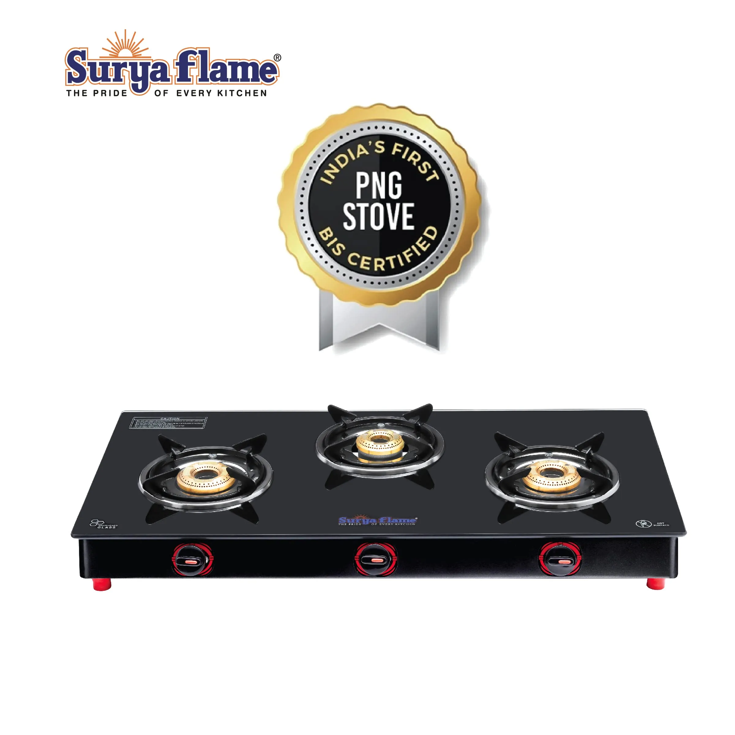 Surya Flame Smart Gas Stove 3 Burners Glass Top PNG Stove | LPG Gas Dual Layer Rubber Hose Pipe 1.5M | Chrome Stainless Steel Gas Lighter (Pack of 2)