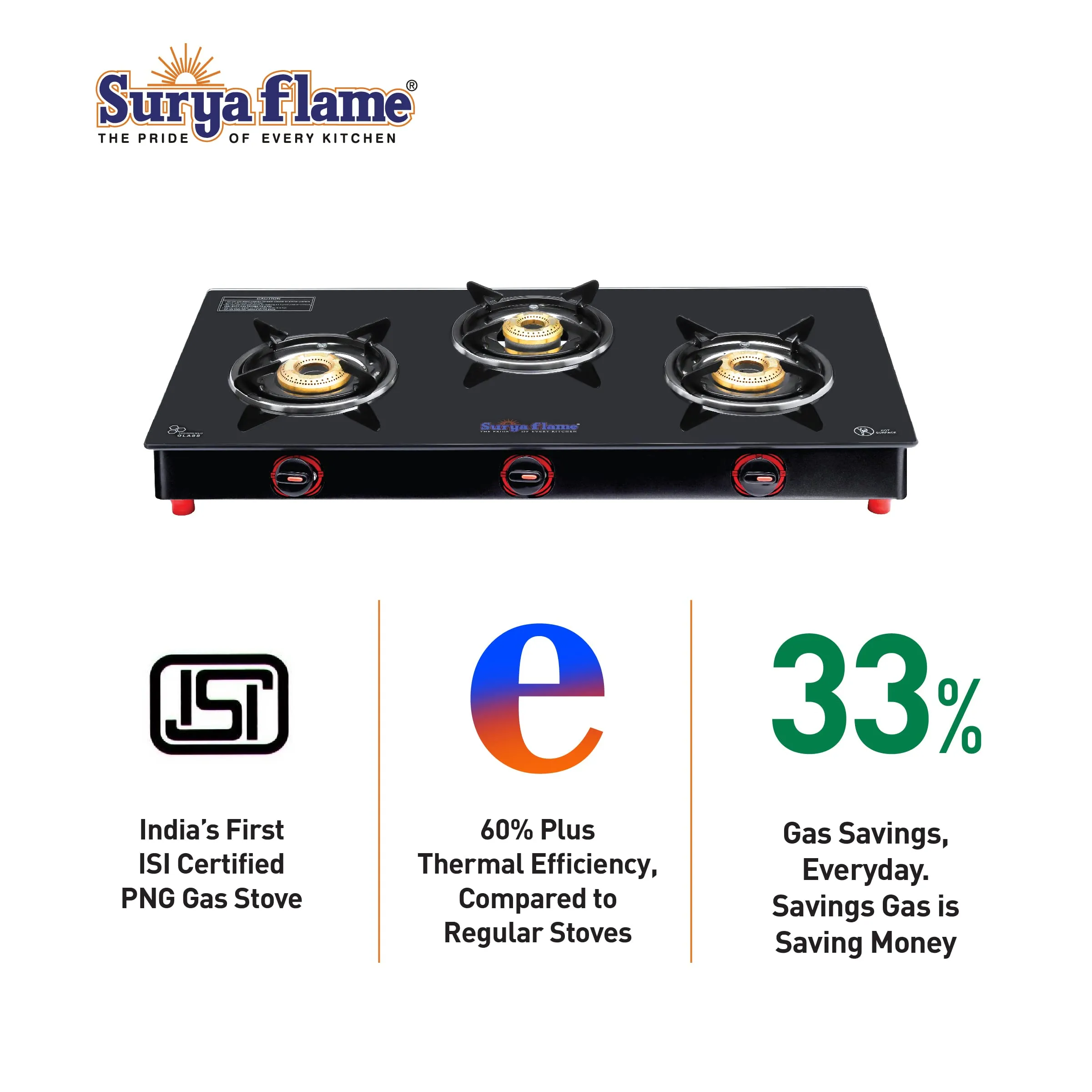 Surya Flame Smart Gas Stove 3 Burners Glass Top PNG Stove | LPG Gas Dual Layer Rubber Hose Pipe 1.5M | Chrome Stainless Steel Gas Lighter (Pack of 2)