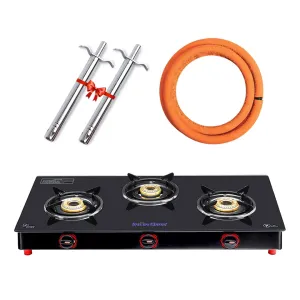 Surya Flame Smart Gas Stove 3 Burners Glass Top PNG Stove | LPG Gas Dual Layer Rubber Hose Pipe 1.5M | Chrome Stainless Steel Gas Lighter (Pack of 2)