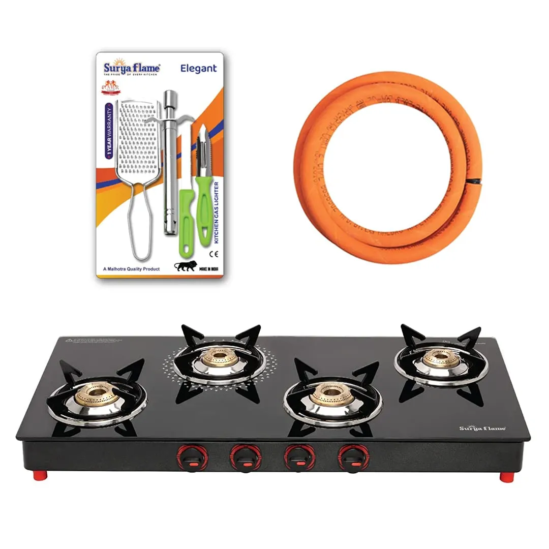 Surya Flame Smart Gas Stove 4 Burners Glass Top LPG Gas Stove | LPG Gas Dual Layer Rubber Hose Pipe 1.5M | Stainless Steel Elegant Gas Stove Lighter With Knife, Peeler Knife and Shredder (Pack of 4)