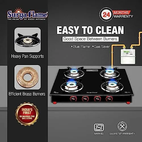 Surya Flame Smart Gas Stove 4 Burners With Glass Top | India's First ISI Certifed Black Body PNG Stove With Jumbo Burner - 2 Years Complete Doorstep Warranty(Pack of 2)