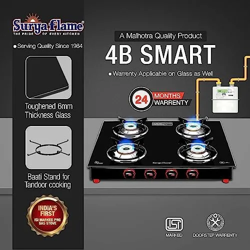 Surya Flame Smart Gas Stove 4 Burners With Glass Top | India's First ISI Certifed Black Body PNG Stove With Jumbo Burner - 2 Years Complete Doorstep Warranty(Pack of 2)