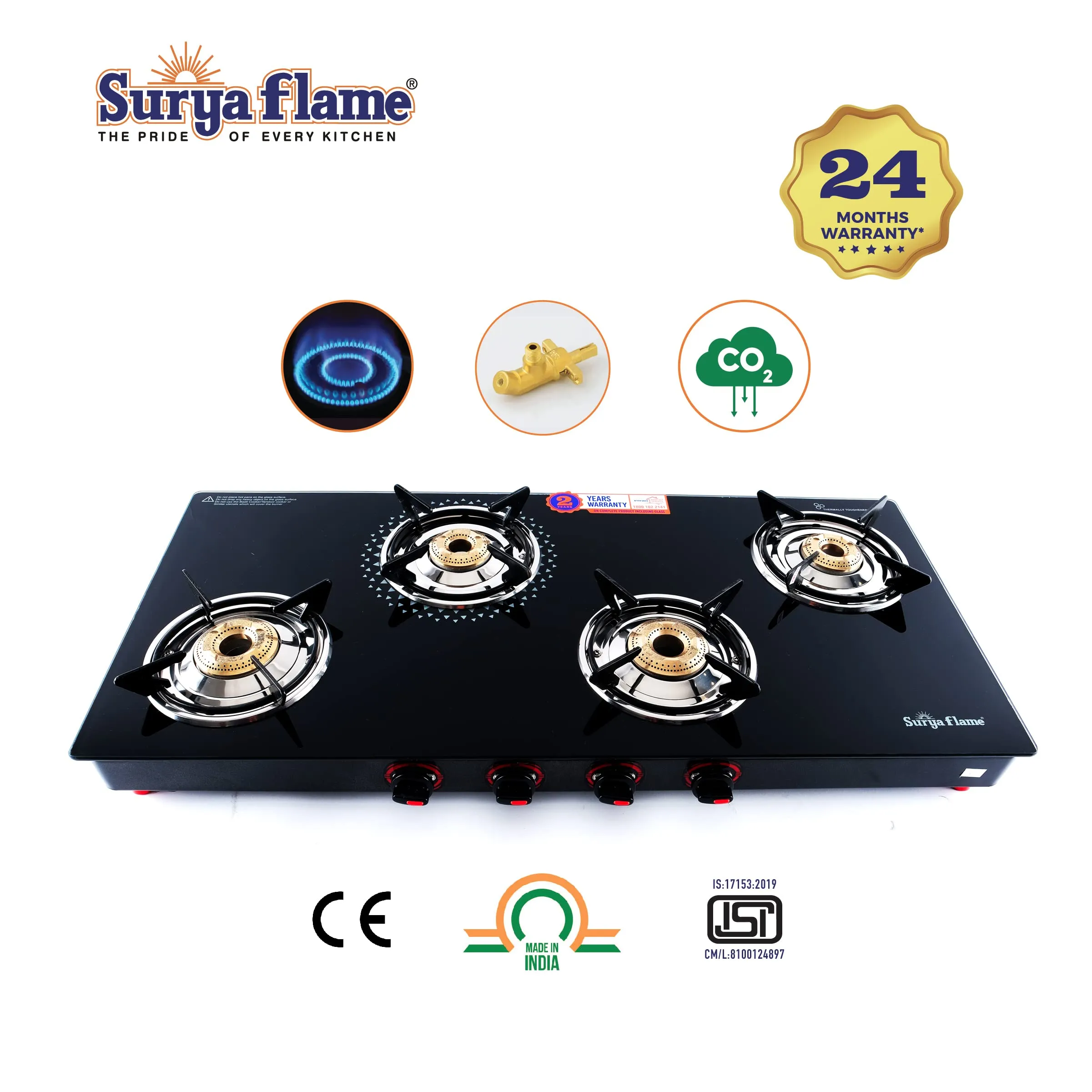 Surya Flame Smart Gas Stove 4 Burners With Glass Top | India's First ISI Certifed Black Body PNG Stove With Jumbo Burner - 2 Years Complete Doorstep Warranty(Pack of 2)