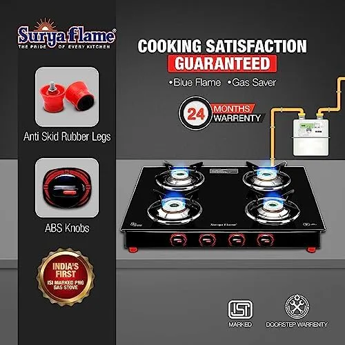 Surya Flame Smart Gas Stove 4 Burners With Glass Top | India's First ISI Certifed Black Body PNG Stove With Jumbo Burner - 2 Years Complete Doorstep Warranty(Pack of 2)