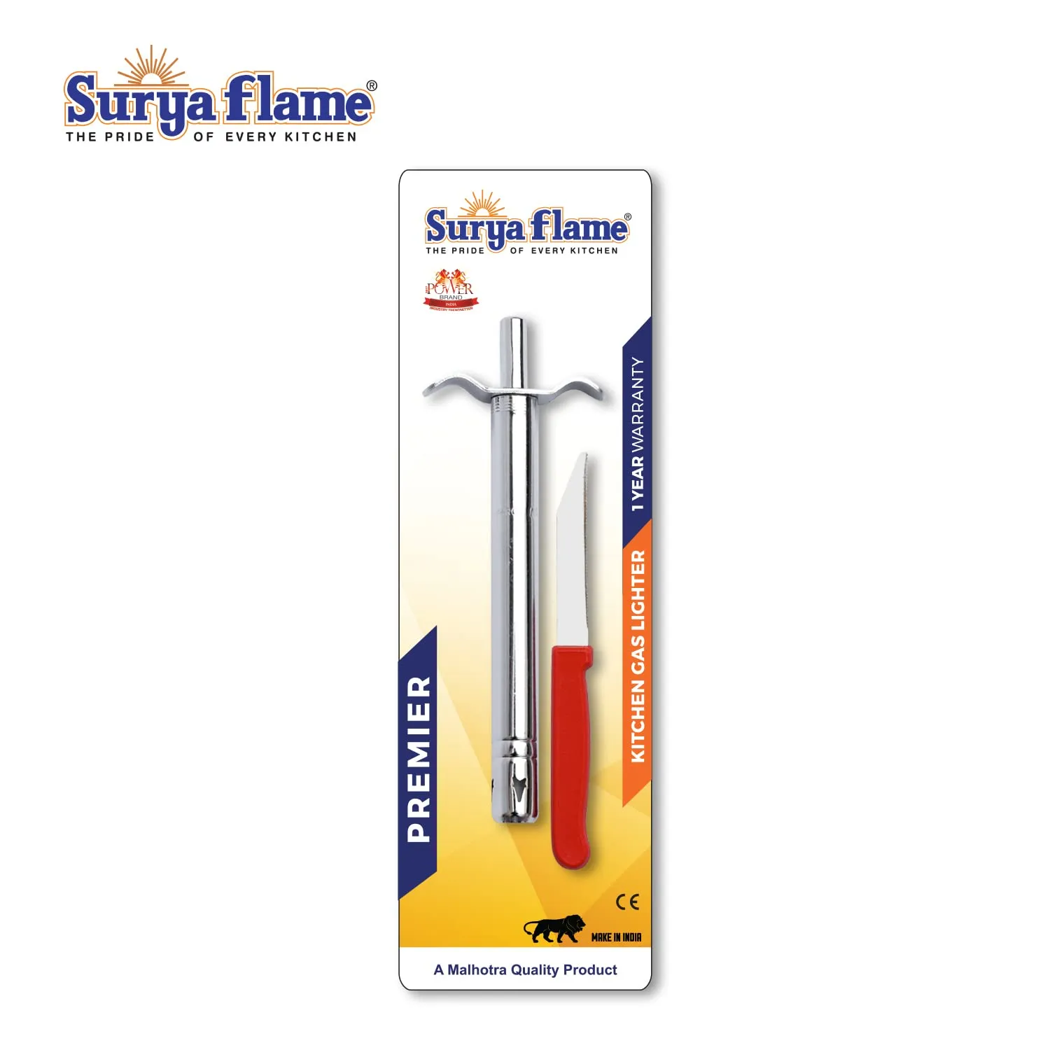 Surya Flame Supreme Gas Stove 2 Burners Glass Top LPG Stove | LPG Gas Dual Layer Rubber Hose Pipe 1.5M | Premier Stainless Steel Gas Lighter with Knife