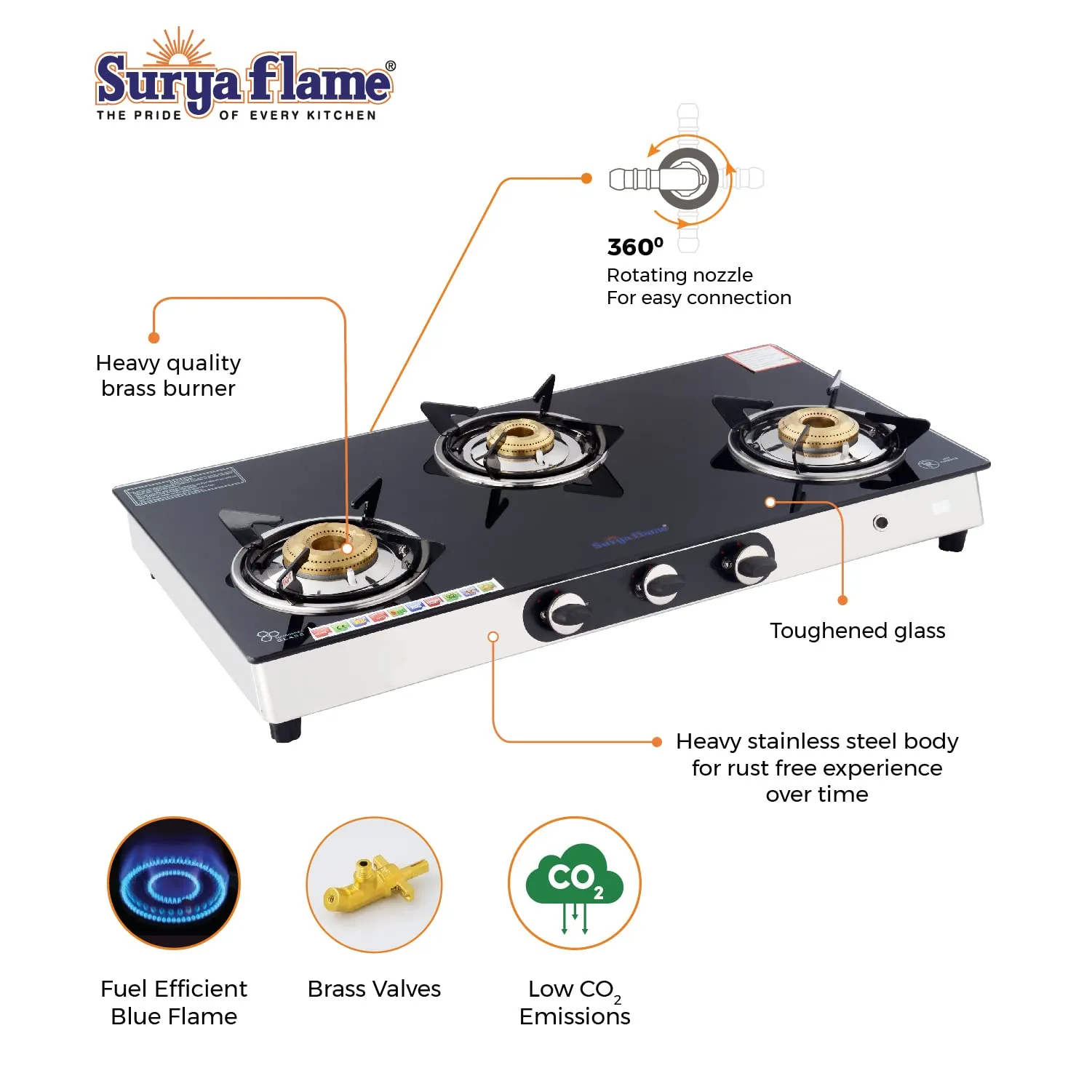 Surya Flame Supreme Gas Stove 3 Burners Glass Top LPG Stove | LPG Gas Dual Layer Rubber Hose Pipe 1.5M | Chrome Stainless Steel Gas Lighter (Pack of 2)