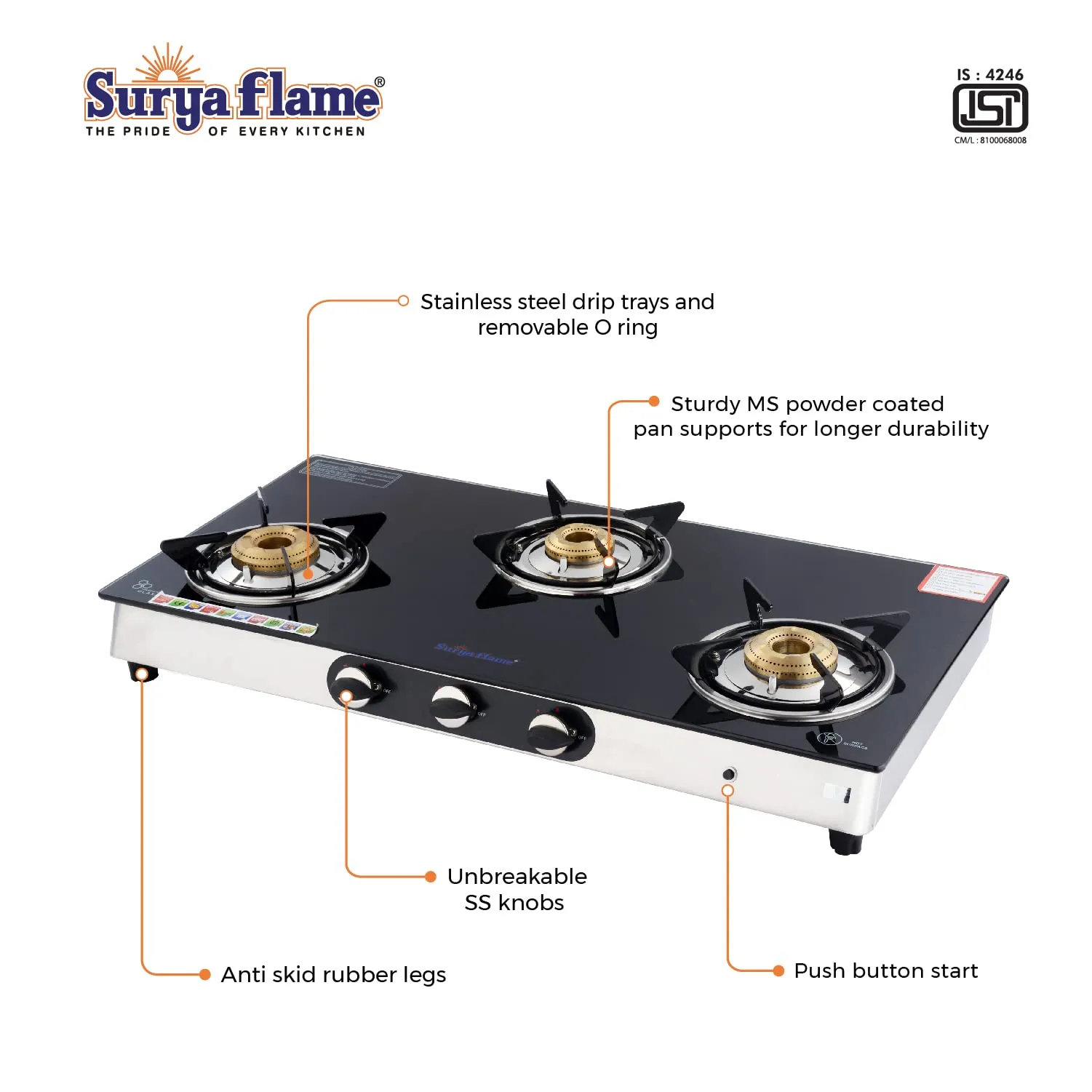 Surya Flame Supreme Gas Stove 3 Burners Glass Top LPG Stove | LPG Gas Dual Layer Rubber Hose Pipe 1.5M | Chrome Stainless Steel Gas Lighter (Pack of 2)