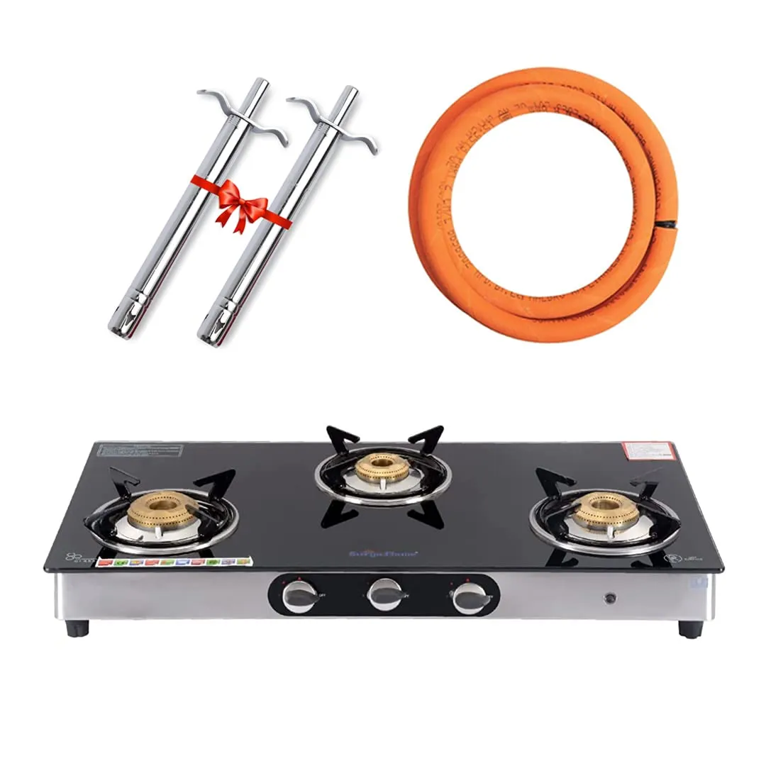 Surya Flame Supreme Gas Stove 3 Burners Glass Top LPG Stove | LPG Gas Dual Layer Rubber Hose Pipe 1.5M | Chrome Stainless Steel Gas Lighter (Pack of 2)