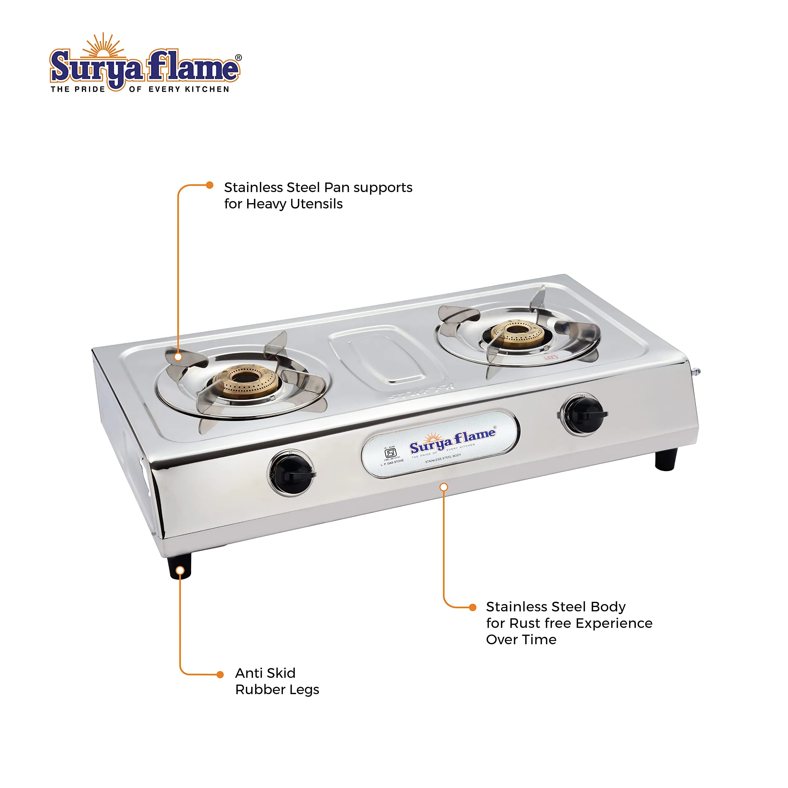 Surya Flame Ultimate Gas Stove 2 Burners Automatic LPG Stove | LPG Gas Dual Layer Rubber Hose Pipe 1.5M | Stainless Steel Elegant Gas Stove Lighter With Knife, Peeler Knife and Shredder (Pack of 4)