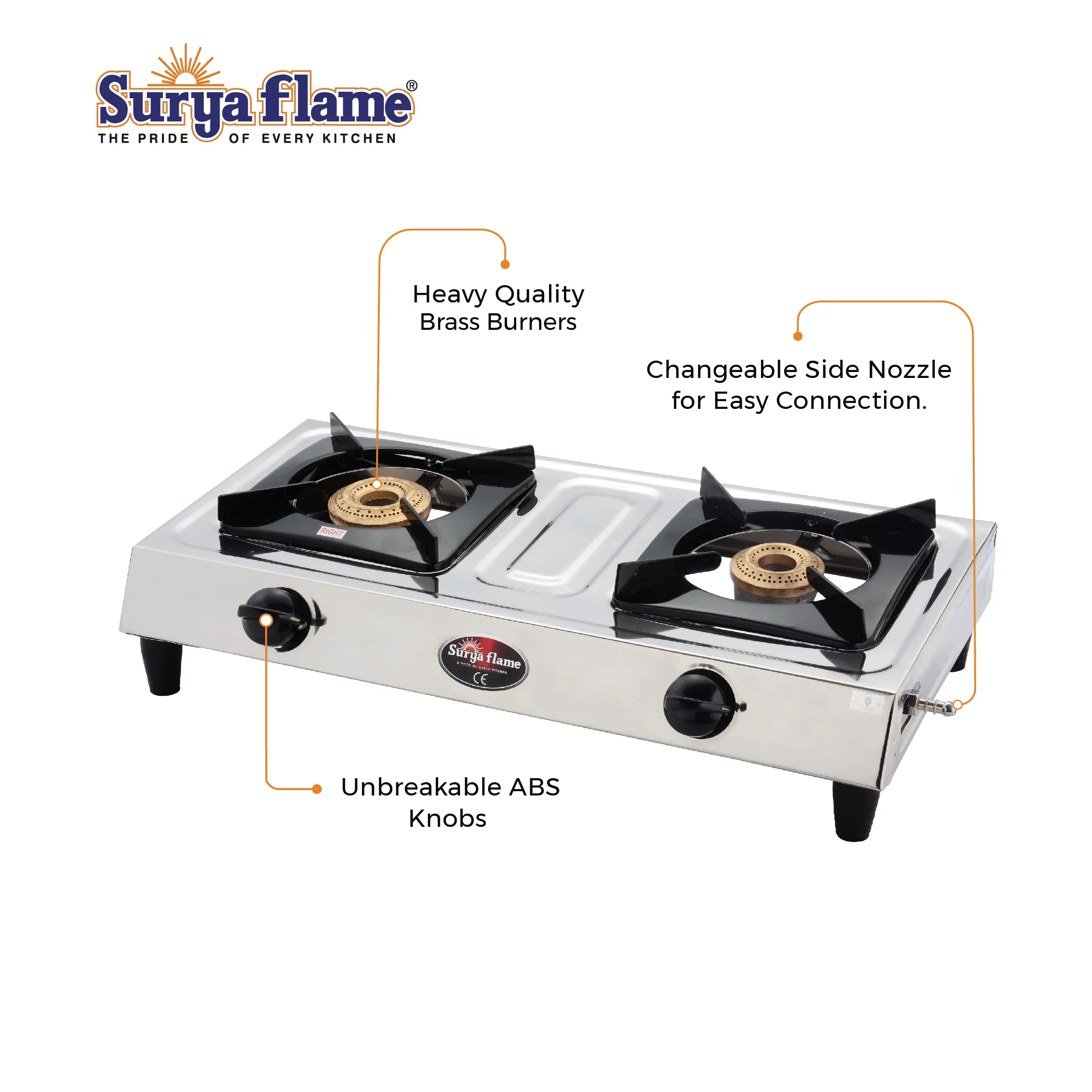 Surya Flame Vista Gas Stove 2 Burners Manual LPG Stove | LPG Gas Dual Layer Rubber Hose Pipe 1.5M | Premier Stainless Steel Gas Lighter with Knife