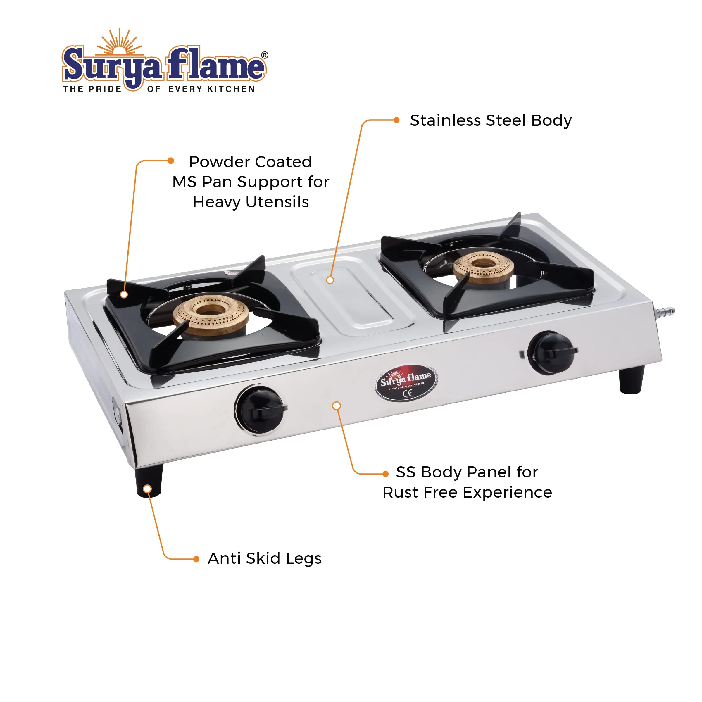 Surya Flame Vista Gas Stove 2 Burners Manual LPG Stove | LPG Gas Dual Layer Rubber Hose Pipe 1.5M | Premier Stainless Steel Gas Lighter with Knife