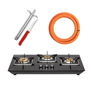 SuryaFlame Apollo Square Hob Top 3 Burners Manual Glass Stove | LPG Gas Dual Layer Rubber Hose Pipe 1.5M | Premier Stainless Steel Gas Lighter with Knife