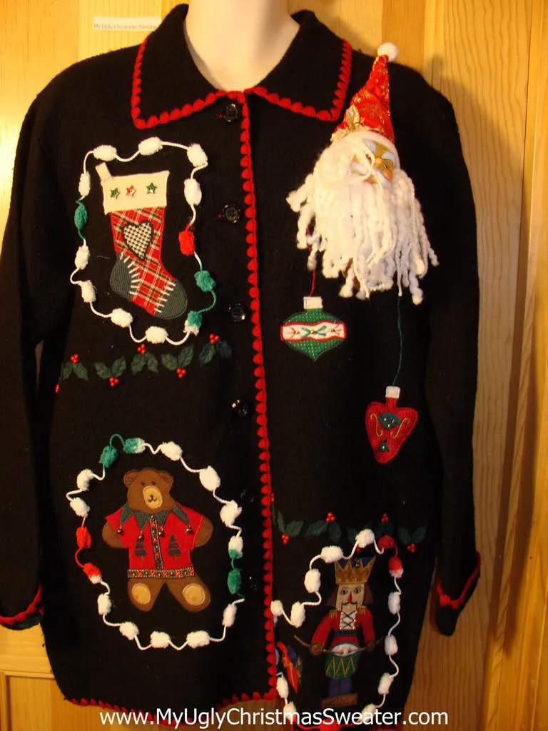 Tacky Ugly Christmas Jacket with 3D Santa and Pom Pom Trimming (f583)