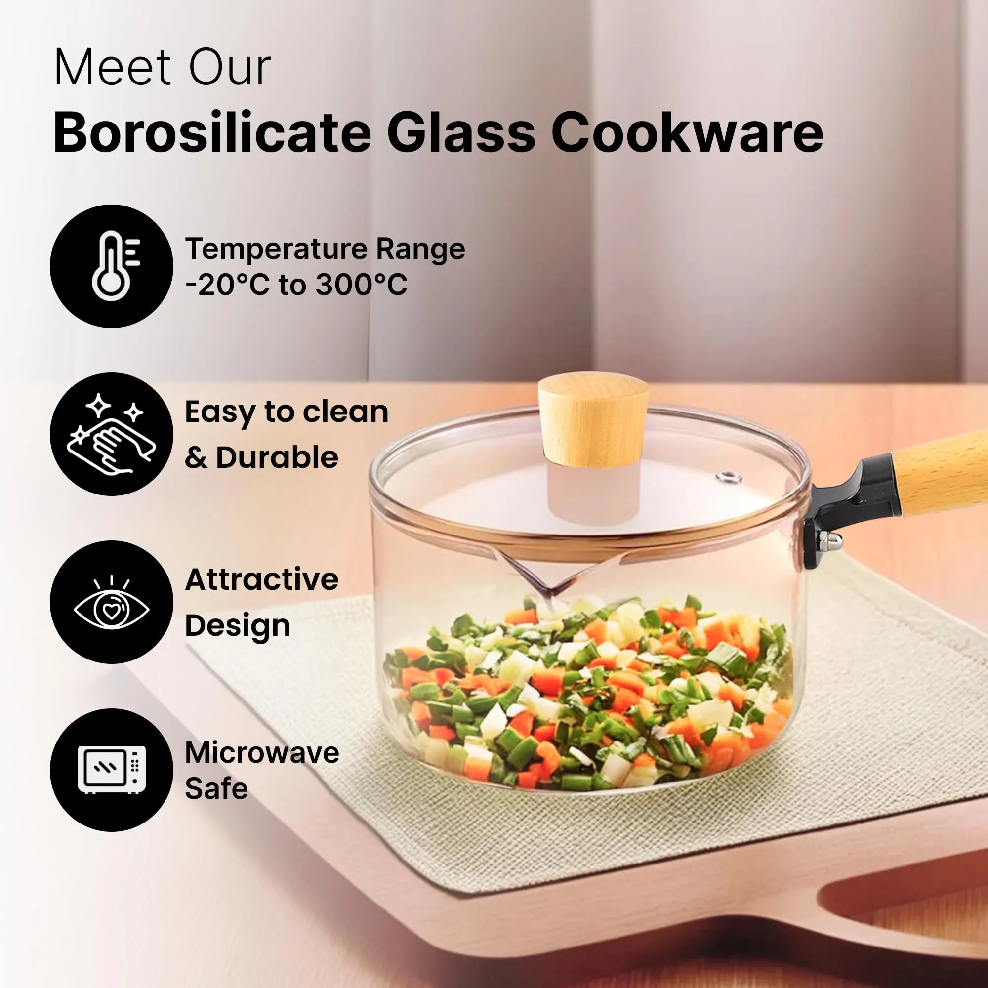 UMAI Borosilicate Glass Cookware for Gas Stove (2.2L) | Saucepan with Handle | Electric Pottery Stove Cookware | Boiling Pan | Microwave Safe | Tea/Milk Pan | Sauce Pan for Tea | Diwali Gift