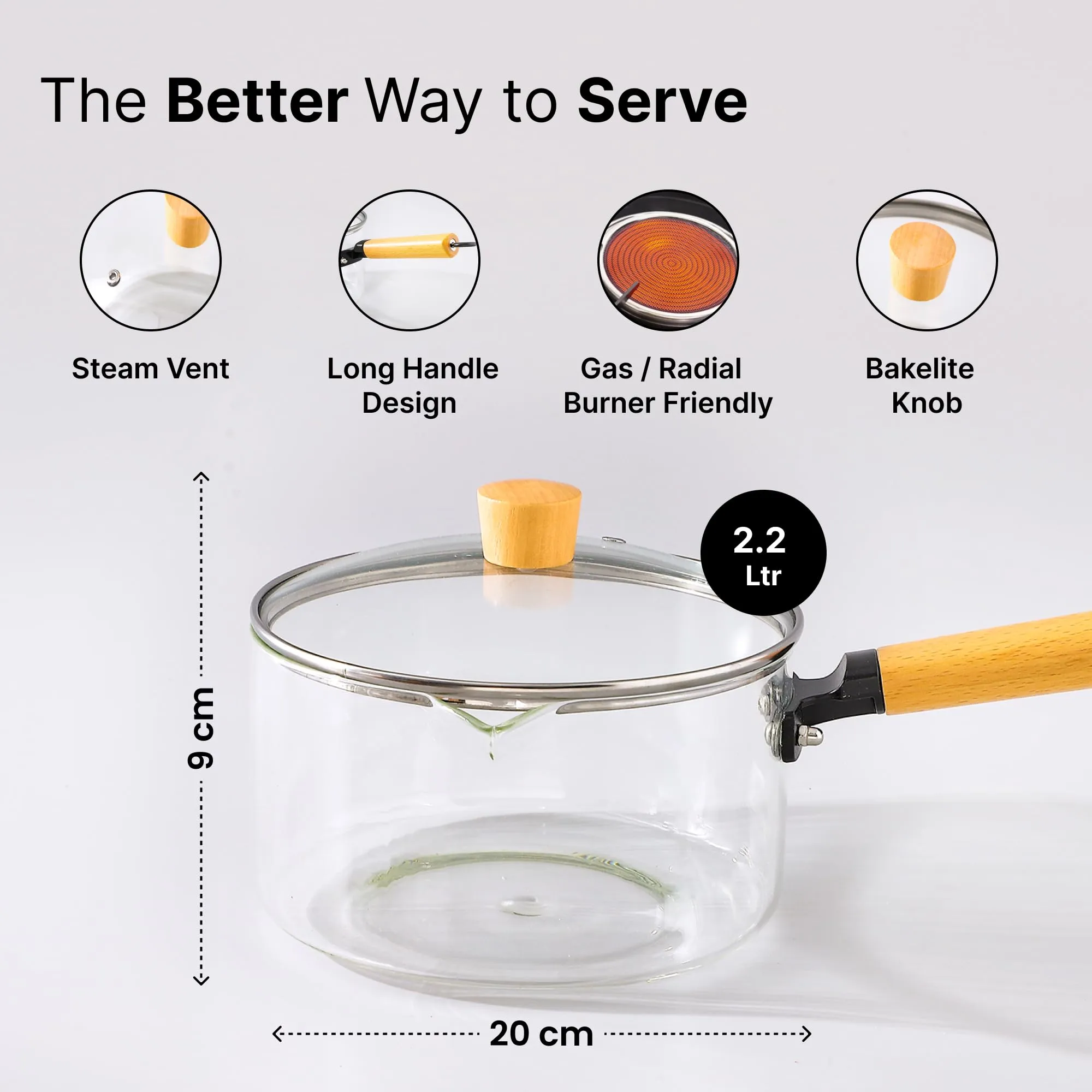 UMAI Borosilicate Glass Cookware for Gas Stove (2.2L) | Saucepan with Handle | Electric Pottery Stove Cookware | Boiling Pan | Microwave Safe | Tea/Milk Pan | Sauce Pan for Tea | Diwali Gift