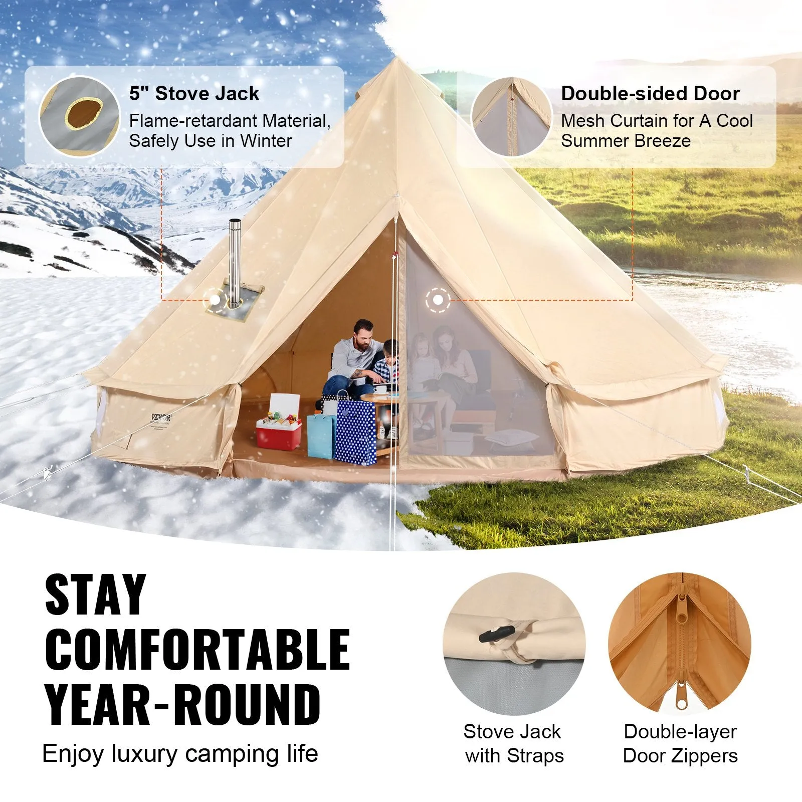 Vevor Bell Tent 13.1' Waterproof Canvas Yurt with Stove Jack and Detachable Side Wall Fits 5-8 People New