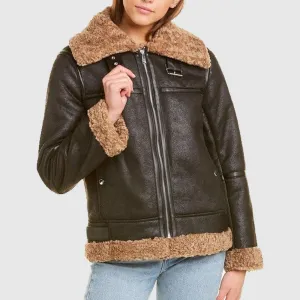 Womens Black SF Bomber Aviator Shearling Jacket