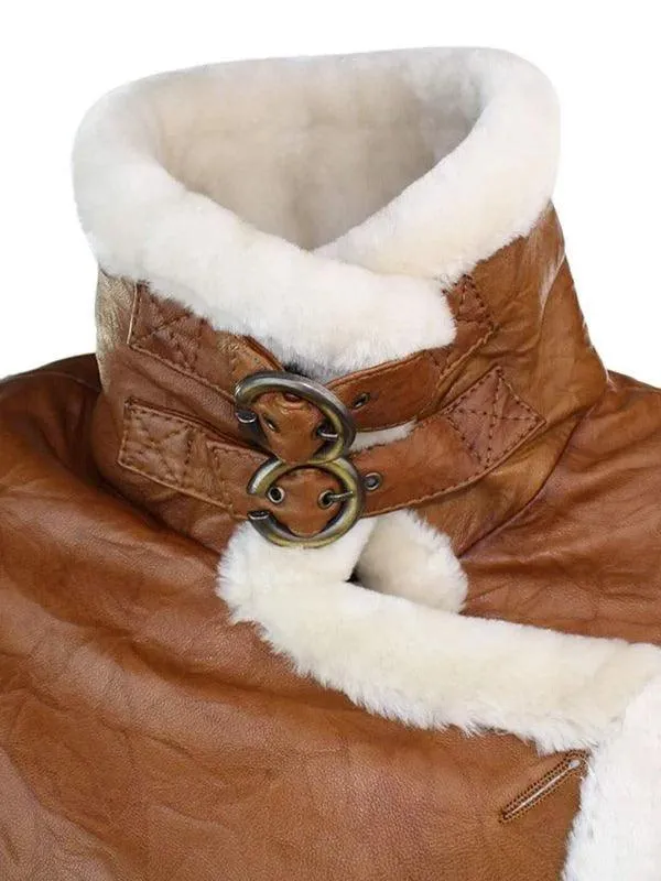 Womens Tan Brown Double Breasted Shearling Jacket